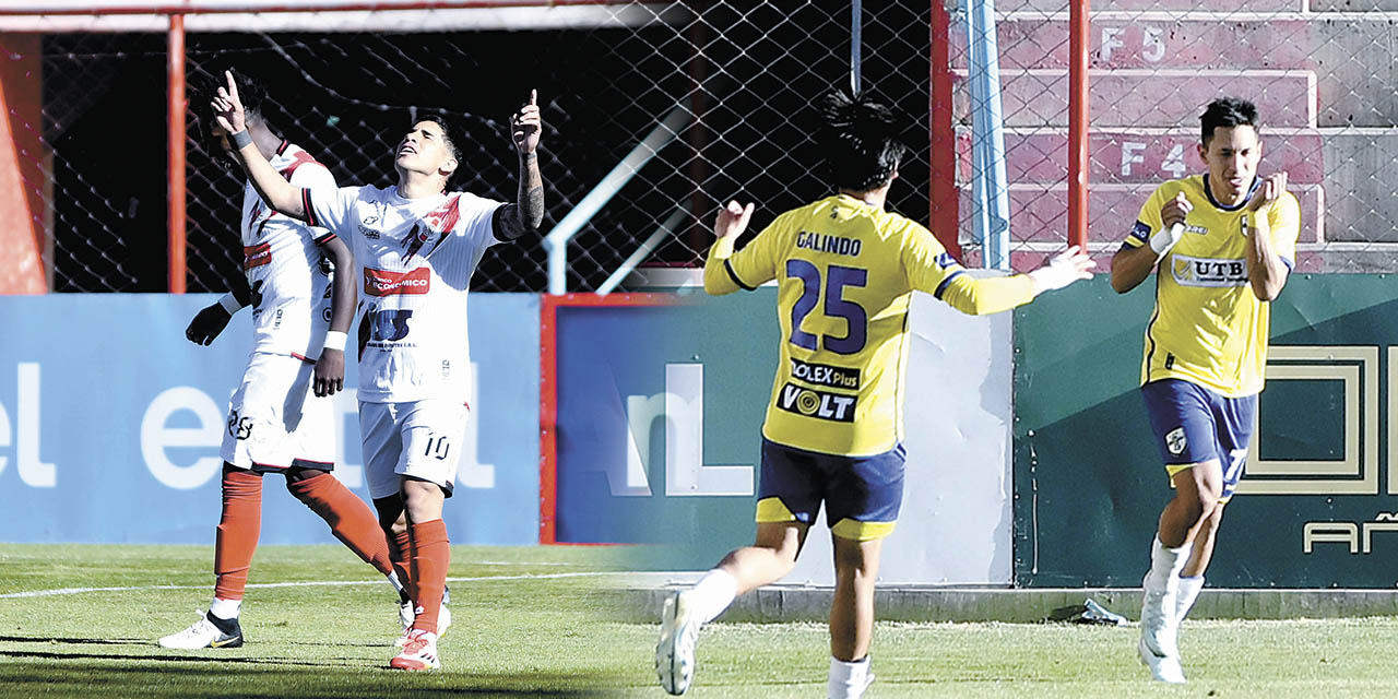 El debutante Agustín Mansilla festeja su gol, y después fue expulsado./Matías Galindo (25) va al encuentro del autor del gol del empate de ABB, Josué Rivas.