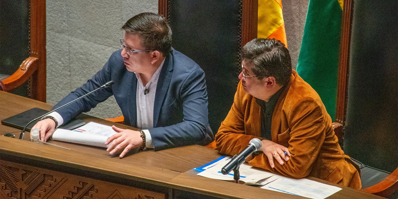 Los ministros de Planificación, Sergio Cusicanqui (Izp.), y de Economía, Marcelo Montenegro (Der), en el Senado. Foto: MEFP.