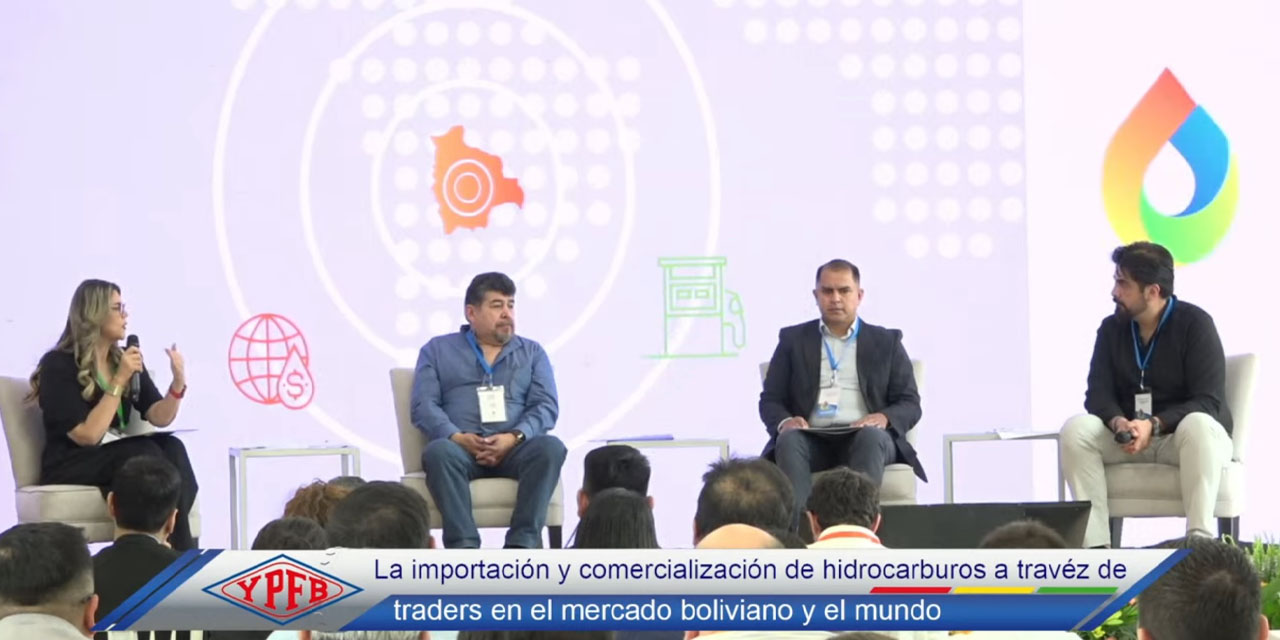 La gerente de Productos Derivados en Industrialización de YPFB, Gabriela Delgadillo, y Fernando Helguero, de Latigid Const. S.R.L. (primero de der. a izq.), en el conversatorio.