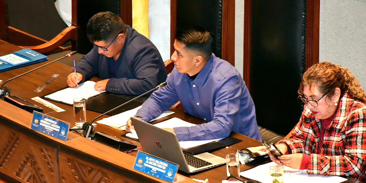 El presidente del Senado, Andrónico Rodríguez (der), junto al senador Roberto Padilla, del evismo.