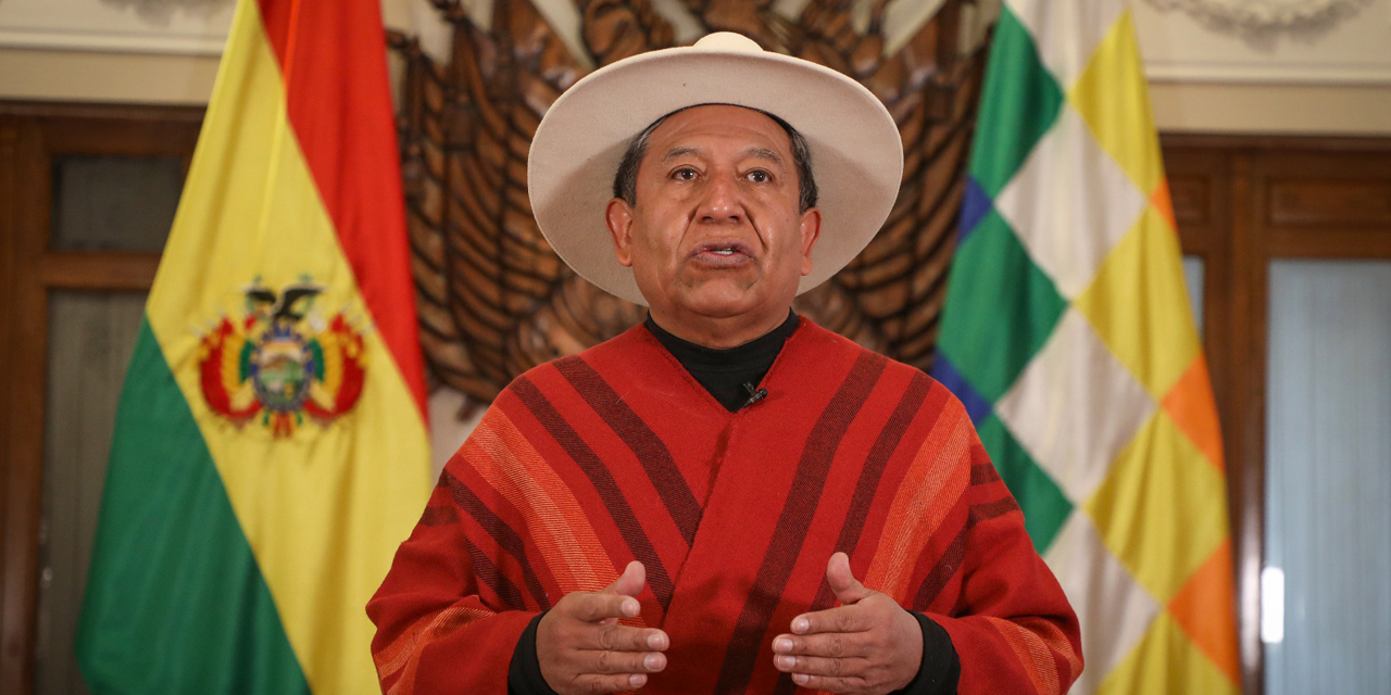 El vicepresidente David Choquehuanca durante su intervención de manera virtual. Foto: VEP