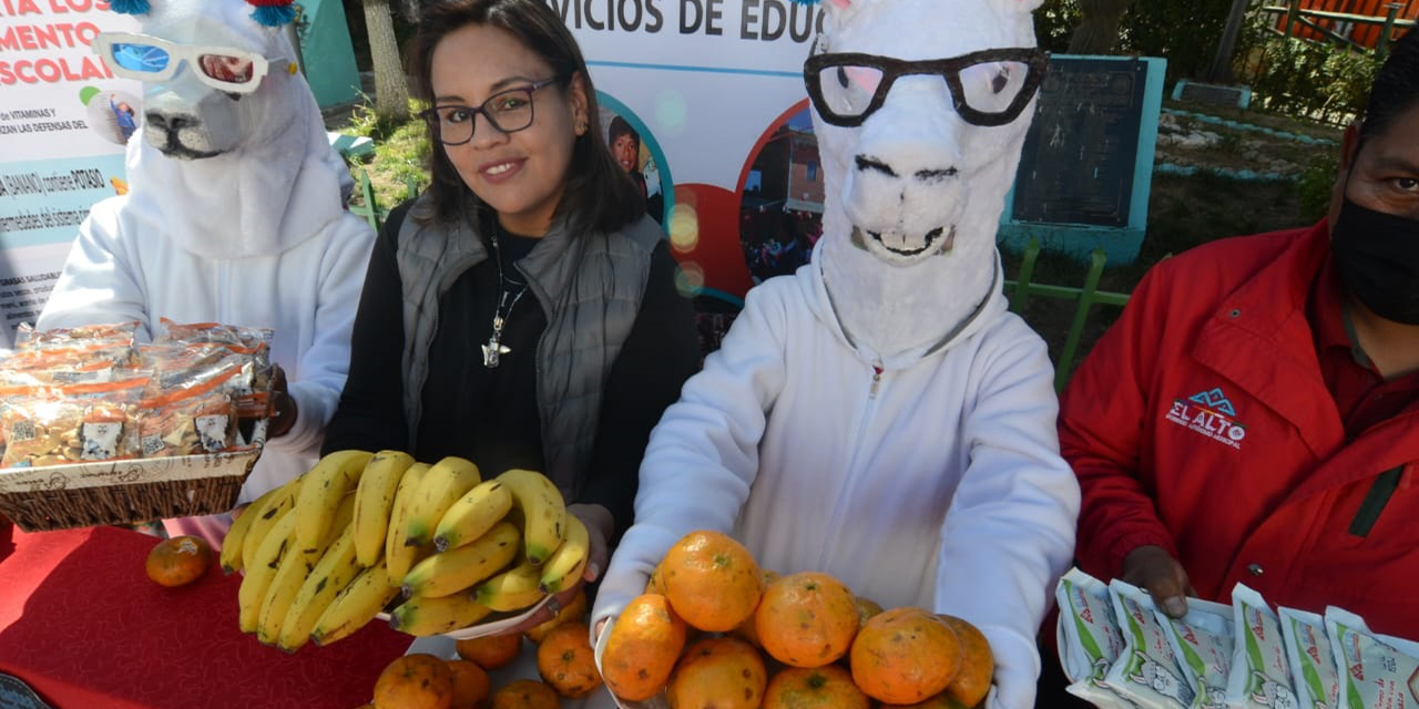  La secretaria municipal de Educación y Cultura de El Alto, Nayda Veizaga, en la presentación del complemento al desayuno escolar. (Foto: Gamea)