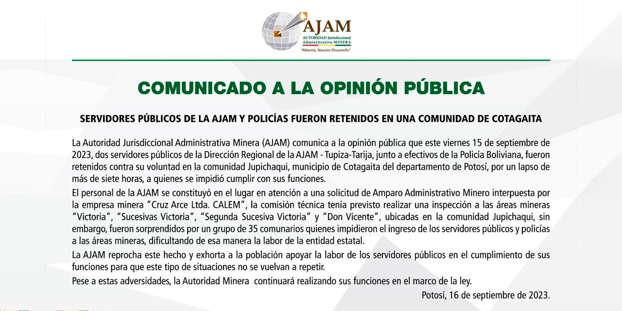 El comunicado emitido por la AJAM.