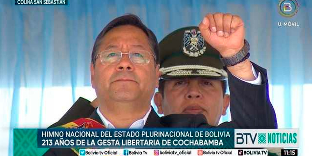 El presidente Luis Arce en la sesión de honor por el 213 aniversario de Cochabamba. Captura.