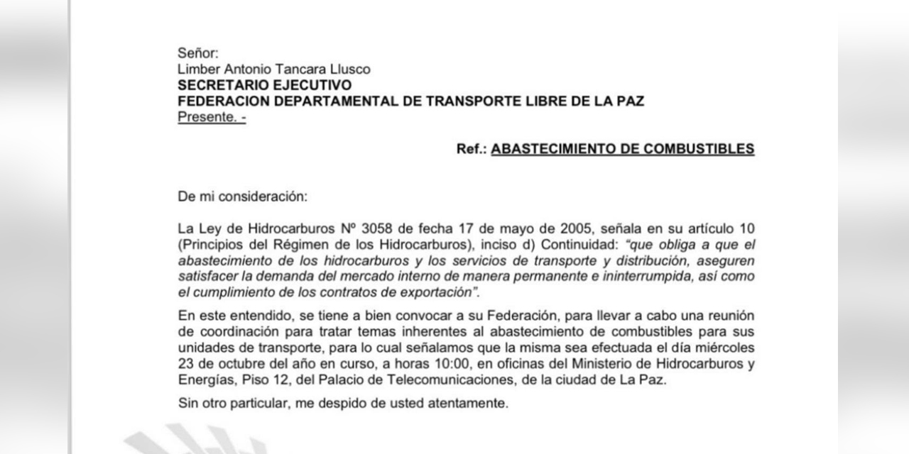 La misiva enviada a la dirigencia del Transporte Libre de La Paz. Foto: ANH.