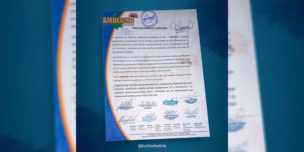 Arce agradece respaldo de la Asociación de Municipios del Beni 