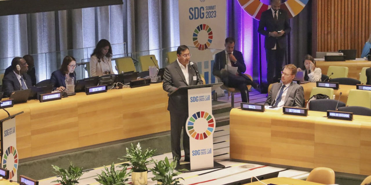 El presidente Luis Arce durante su discurso en la cumbre sobre los Objetivos de Desarrollo Sostenible, ayer en Nueva York. | |Foto: Luis Arce/Red Social X.