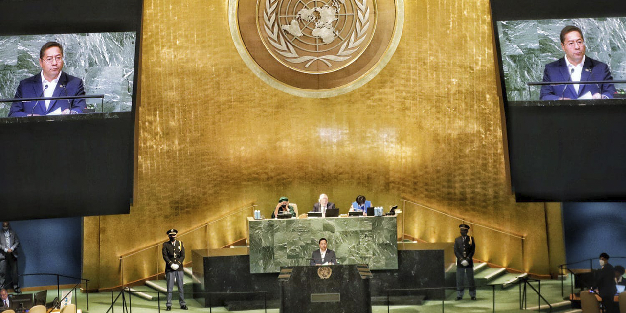 El presidente Luis Arce en el 77° periodo de sesiones de la Asamblea General de las Naciones Unidas, el 20 de septiembre de 2022. Foto: Archivo ABI