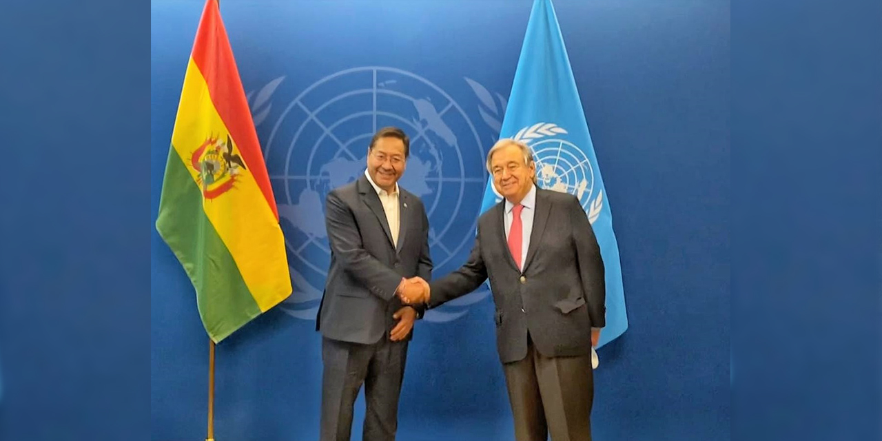El presidente de Bolivia, Luis Arce Catacora, y el secretario general de la Organización de las Naciones Unidas (ONU), António Guterres. Foto: @LuchoXBolivia
