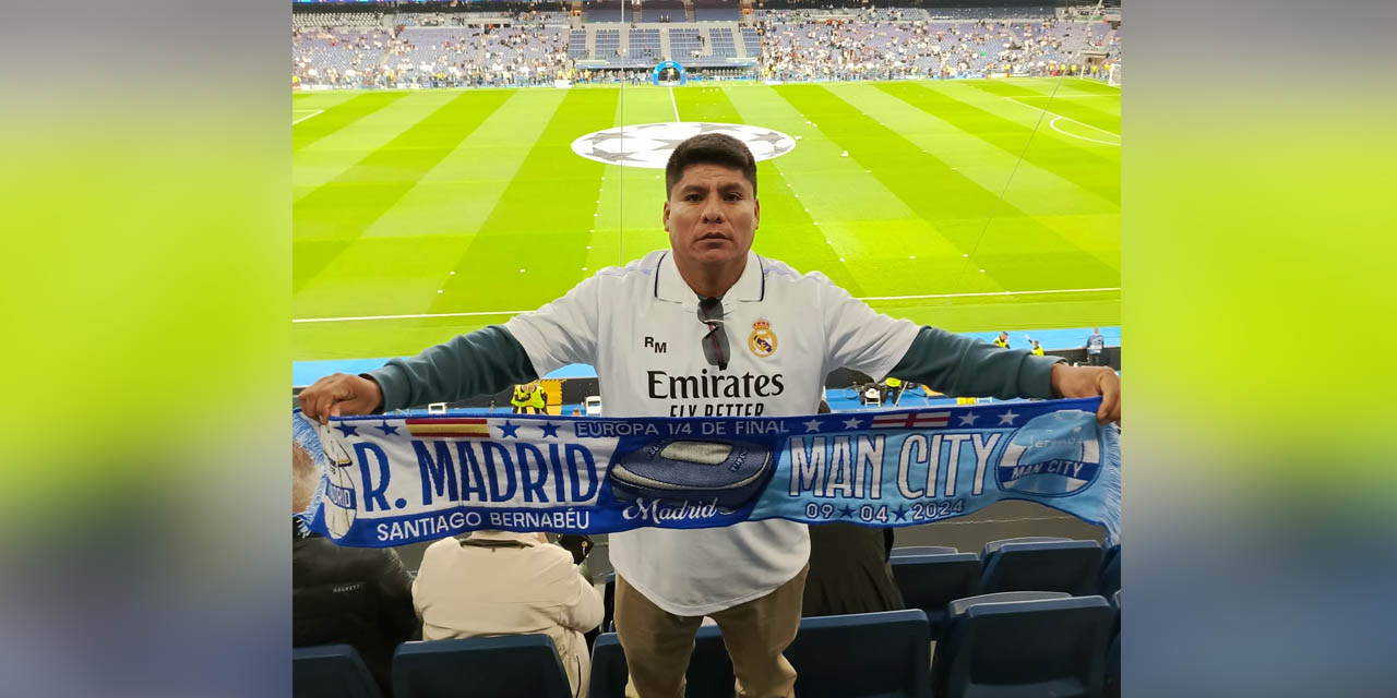 El senador “evista” Leonardo Loza en el estadio Santiago Bernabéu de España, el 9 de abril. Foto: Facebook Leonardo Loza
