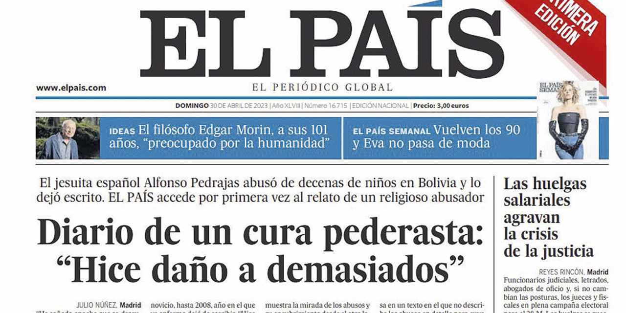 Portada del diario español El País, que destapó los abusos sexuales del cura Alfonso Pedrajas en Bolivia . 