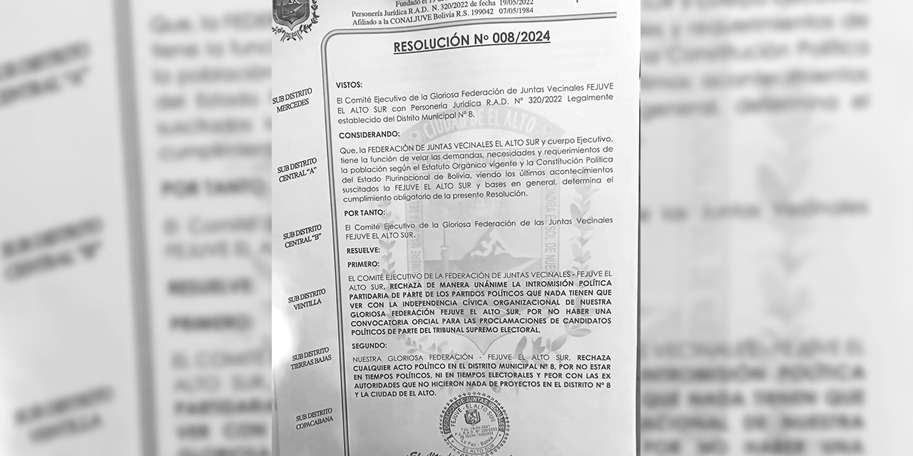 Resolución de la Fejuve Sur, que declara a Evo Morales persona no grata. Foto: Radio Illimani - Red Patria Nueva