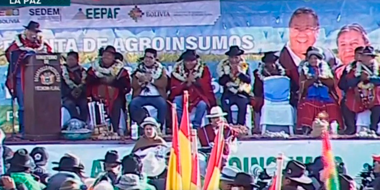 El presidente Luis Arce en el acto de Huarina. Captura de imagen de Bolivia Tv