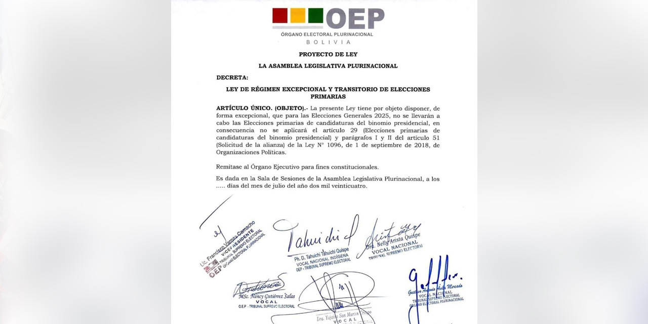 El proyecto de ley firmado por los vocales del Tribunal Supremo Electoral (TSE).