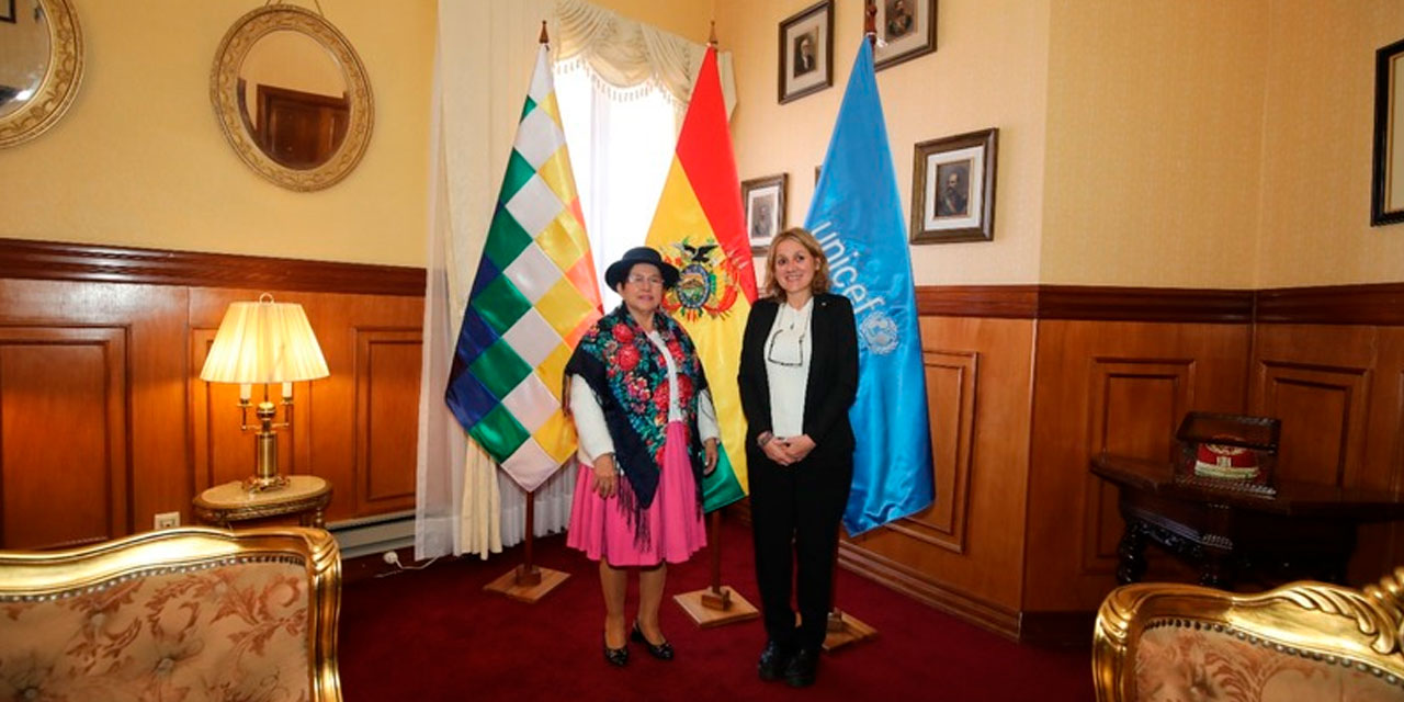 La canciller Celinda Sosa y la nueva representante de Unicef en Bolivia, Katya Marino. Foto: Cancillería