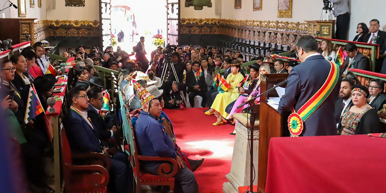 El presidente Luis Arce, en la Sesión de Honor en la Casa de la Libertad en Sucre, en 2023. Foto:  Archivo