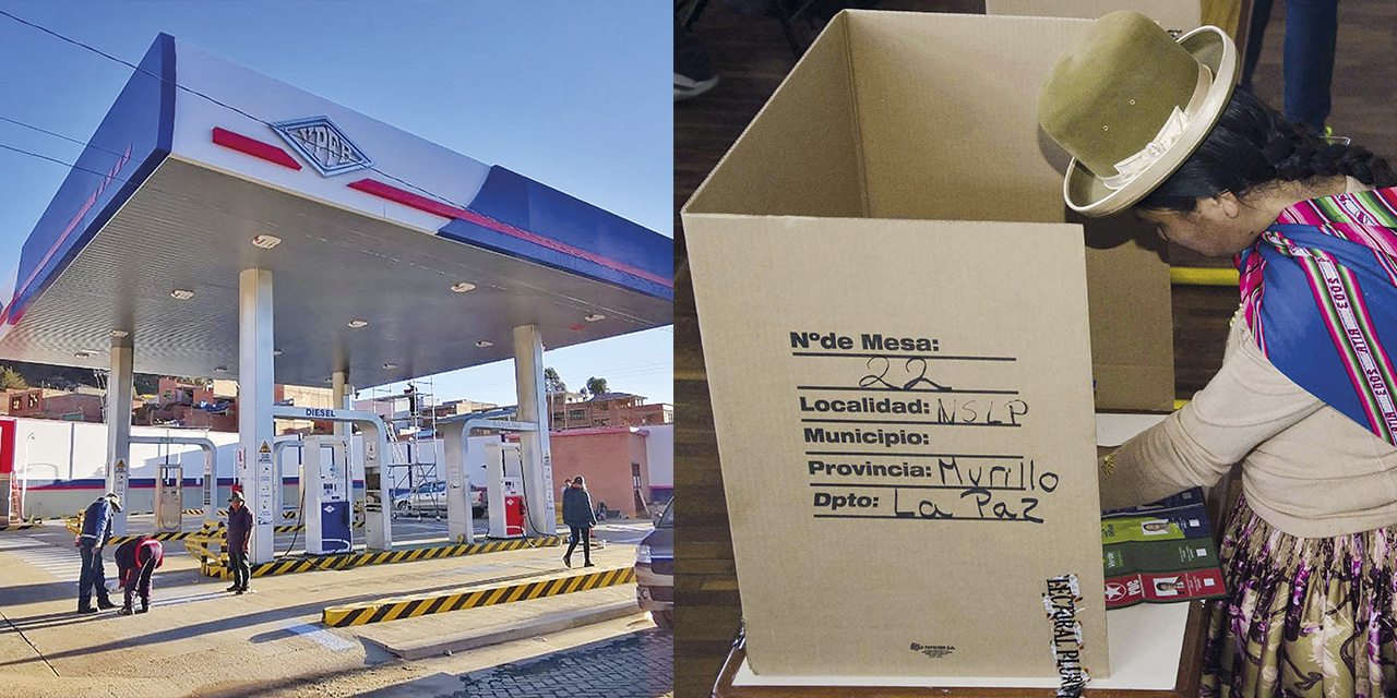 Estación de servicio en la ciudad de La Paz. Foto: YPFB // Mesa de votación en el verificativo de 2020. Foto: TSE