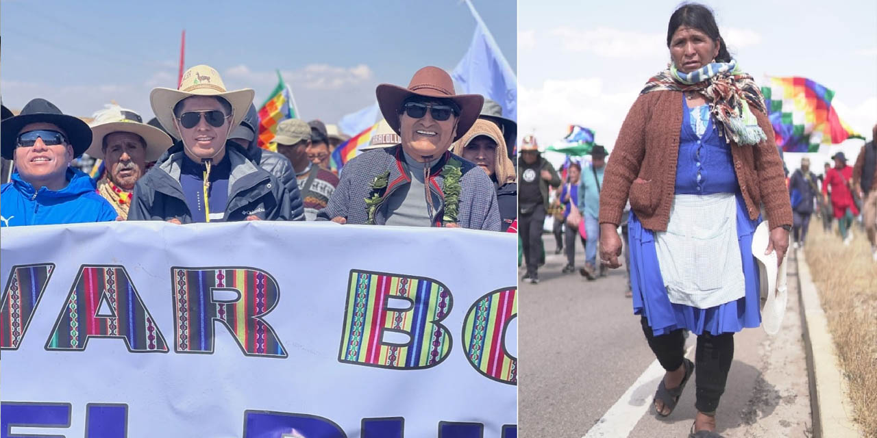 Los senadores Leonardo Loza y Andrónico Rodríguez, el expresidente Evo Morales, y una de las marchistas. Foto: Facebook Kawsachun Coca