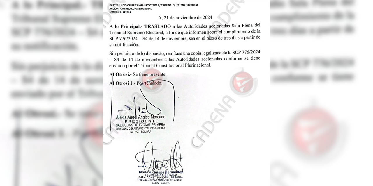 La determinación de la Sala Constitucional Primera del Tribunal Departamental de Justicia de La Paz. Foto: Cadena A