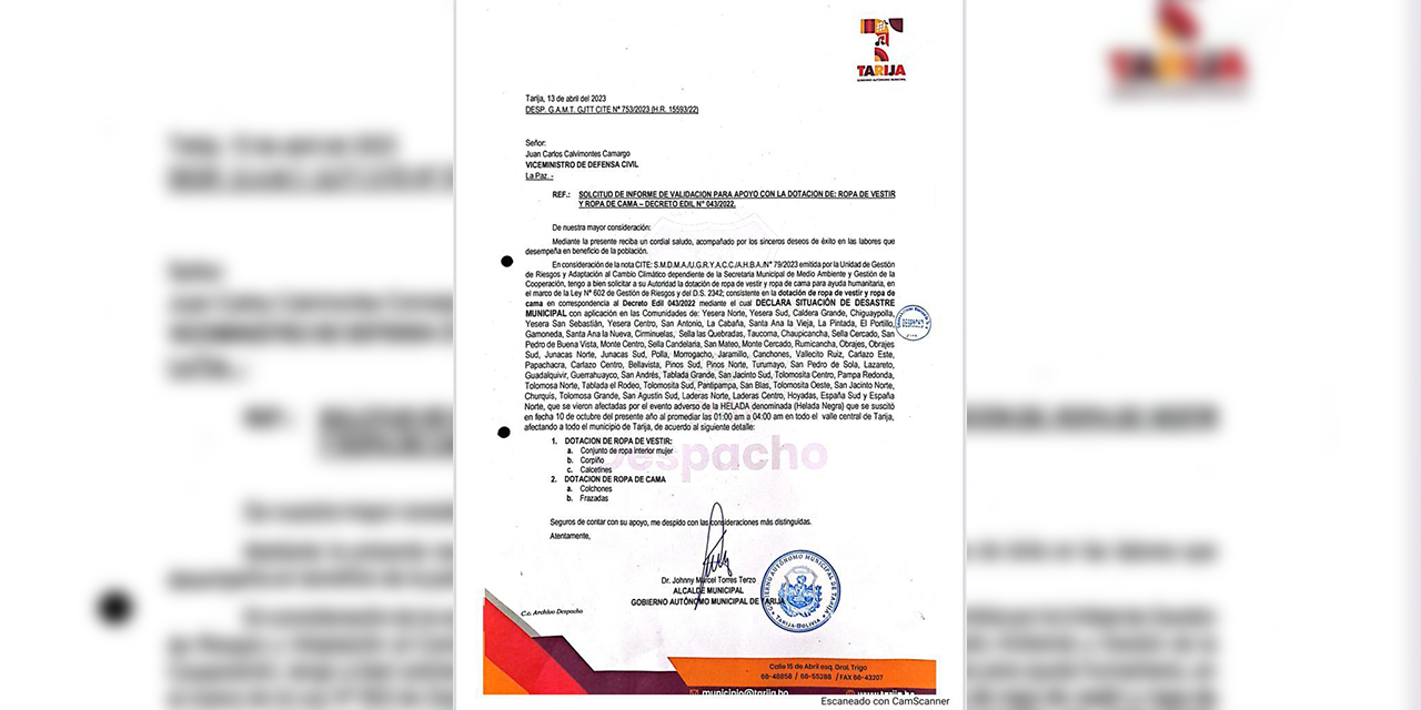 La solicitud del Alcalde de Cercado, Tarija.
