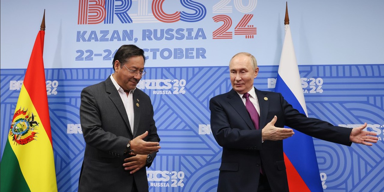 Los presidentes Luis Arce y Vladimir Putin en la cumbre de Kazán, Rusia. Foto RT